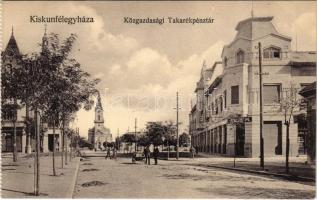 Kiskunfélegyháza, Közgazdasági Takarékpénztár, üzletek. Vesszősi József kiadása (képeslapfüzetből / from postcard booklet)