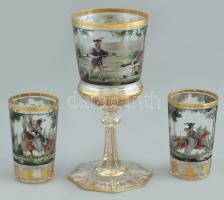 Talpas pohár+ 2db likőrös, kézzel festett, kopott. m: 7 és 14 cm