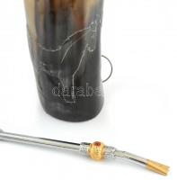 Hasis pipa, szaru tartóval, kopott, fém, h: 16 cm