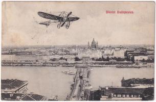 Budapest, Bleriot repülőgépe a Lánchíd felett (Rb)