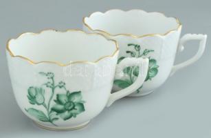 Herendi zöld virágmintás, kosaras nyomott mintás mokkás készlet, kézzel festett porcelán, 1 db alj h...