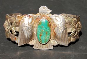 Dekoratív mexikói ezüst karperec féldrágakővel, Ag 33,08g T:repedt, de javítható!