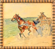 Benyovszky István (1898-1969): Lovasszekér. Akvarell, tus, papír, jelzett, üvegezett fa keretben, 22×26 cm