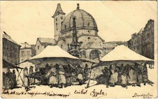 1924 Pécs, Bábos sátorok a Széchenyi téren. ceruzarajz s: Ifj. Nendtvich Andor (EK)