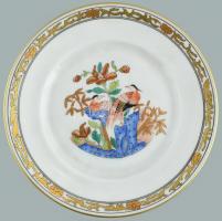 Herendi paradicsom madaras mintás süteményes tányér, kézzel festett porcelán, jelzett, kopott, d: 15 cm