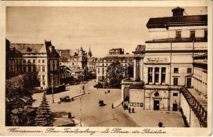 Warszawa, Varsovie, Varsó, Warschau, Warsaw; Plac Teatralny / Le Place de Theatre / Theatre Square, tram, automobile