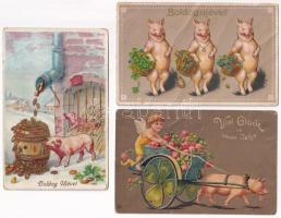 3 db RÉGI motívum képeslap vegyes minőségben: malacos üdvözlő / 3 pre-1945 motive postcards in mixed quality: greetings with pigs