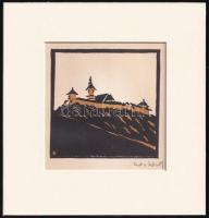 Kós Károly (1883-1977): Dombtetőn. Linómetszet, papír, utólagos jelzéssel, paszpartuban, 11x11 cm