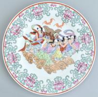 Jelzett kínai Famille rose tányér, kézzel festett, hibátlan, d: 26 cm