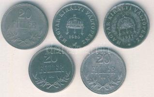 1916-21. 20f Fe 5klf db, Az 1920-as példányon igen erős, látványos tévveret, baloldalon "kettős...