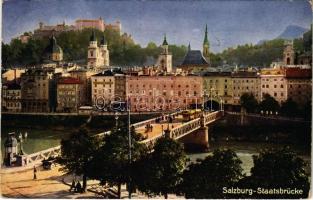 1929 Salzburg, Staatsbrücke / bridge, tram, castle (Rb)