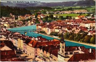 1917 Steyr, vom Stadtpfarrturm mit Rathaus / general view with town hall, bridge (EK)