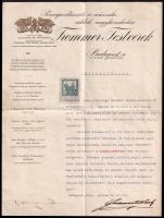1914 Bp. VII., Frommer Testvérek pincegazdászati és műszaki cikkek nagykereskedése által kiállított munkáltatói igazolás, dombornyomott címerrel, okmánybélyeggel