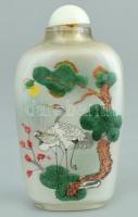 Kínai illatszeres üveg, belső kézi festéssel, darumadaras ábrázolással, kopott, m: 8 cm