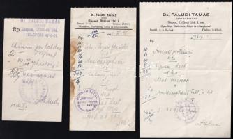 1936-1937 3 db orvosi recept Dr. Faludi Tamás által kiállítva, gyógyszertári pecsétekkel