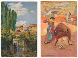 29 db RÉGI motívum képeslap vegyes minőségben: bikaviadal, művész / 29 pre-1945 motive postcards in ...