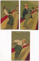 3 db RÉGI motívumlap vegyes minőségben: teke sport, dombornyomott / 3 pre-1945 motive cards in mixed quality: bowling sport, embossed