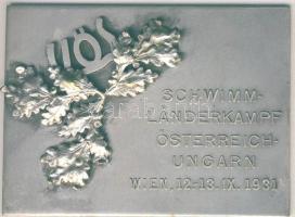 Ausztria 1931. "osztrák-magyar úszóbajnokság" ezüstözött Ffm szögletes nagyalakú emlékplakett 70mmx50mm T:2