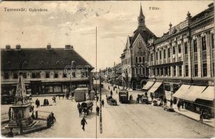 1911 Temesvár, Timisoara; Gyárváros, Fő tér, villamos, szobor, Wilheim Fülöp, Steingaszner Ferenc, Csendes és Fischer, Kunovsky Rezső és Winter és társa üzlete / main square, Fabric, shops, monument