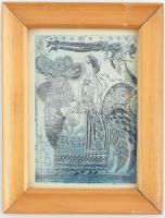 Ifj. Würtz Ádám (1957-): Kakas és lány. Színes rézkarc, papír, jelzett dúcon. Üvegezett fa keretben, 13x9 cm.
