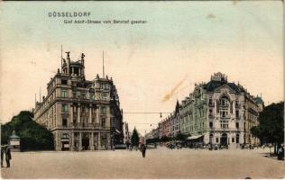 1908 Düsseldorf, Graf Adolf-Strasse vom Bahnhof gesehen / street view, Hotel Hansa, cigar shop (fl)