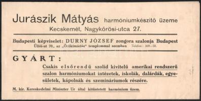 Jurászik Mátyás harmóniumkészítő üzeme, Kecskemét, Nagykőrösi u. 27. Kihajtható reklám prospektus, fekete-fehér képekkel illusztrált, 1930-40 körül. 24x35 cm