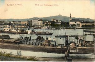 Linz, Blick vom Hafen gegen Urfahr / harbor, steamship, barge
