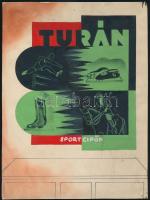 Turán sportcipők. Plakát vagy reklámgrafika terv, 1930-40 körül. Tempera, ceruza, papír. Jelzés nélkül. Foltos. Lap széle kissé sérült. 25x18 cm