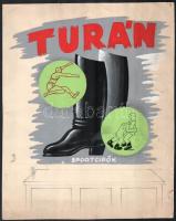 Turán sportcipők. Plakát vagy reklámgrafika terv, 1930-40 körül. Tempera, ceruza, papír. Jelzés nélkül. Lapon apró foltokkal. 27,5x22 cm