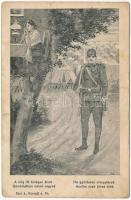 Amíg itt őrségen állok, gondolatban nálad vagyok... Biró A. kiadása / WWI Austro-Hungarian K.u.K. military art postcard, romantic couple (szakadás / tear)