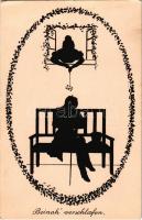 1919 Beinah verschlafen / silhouette art postcard (EK)