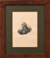II. Frigyes (1712-1786) porosz király portréja (Friedrich II., König von Preußen), 1830-1850 körül. Acélmetszet, papír. Jelzés nélkül. W. Creuzbauer, Carlsruhe kiadása. Üvegezett fa keretben. Ca. 15×12 cm / Portrait of Frederick II, KIng of Prussia. Steel Engraving on paper, framed.