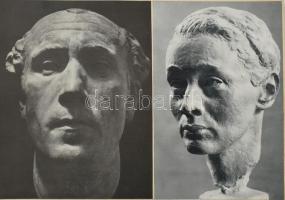 Művészeti témájú képek és újságkivágások lapokra ragasztva, régi irattartó dobozban