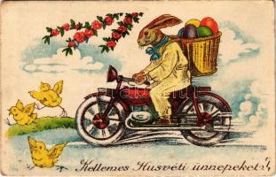 1941 Kellemes Húsvéti ünnepeket / Easter greeting art postcard, rabbit with eggs and motorcycle, motorbike (EK)