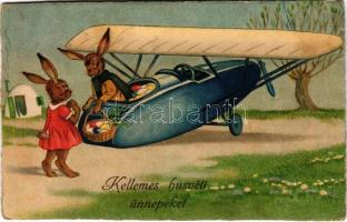 1936 Kellemes húsvéti ünnepeket / Easter greeting art postcard, rabbit with eggs and aircraft. ERIKA Nr. 4036. (EK)