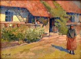 Ács Ágoston (1889-1947): Falusi kert. Olaj, karton, jelzett. Dekoratív, kopott keretben. Sérült. 26×36 cm