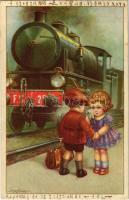 Italian children art postcard, romantic couple at the train station s: A. Bertiglia (fa)