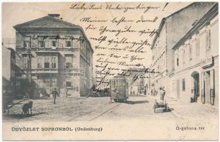 1904 Sopron, Ó-gabona tér, villamos, Schwarz Samu üzlete (EK)