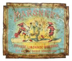 Marsners Brause Limonade Bonbons fém doboztető széthajtva, rozsdás, sérülésekkel, 28×33 cm