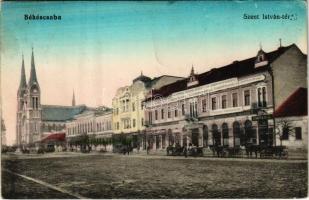 1914 Békéscsaba, Szent István tér, Gesmey Soma könyv- és papírkereskedése, Békésmegyei Függetlenség könyvnyomdája, kiadóhivatala és szerkesztősége, Polgári leányiskola, Ipar és népbank fiókintézete, udvari fényképész, Schreyer József üzlete (Rb)