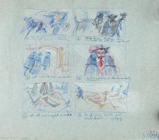 Szirányi István (1951-): Krúdy Gyula illusztrációk (6 db illusztráció egy lapon), 1979. Ceruza, papír, jelzett. Lap széle kissé sérült. Feltekerve. 37×38 cm