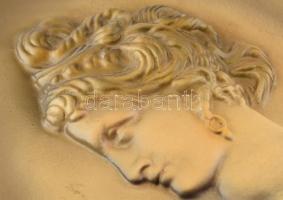 Szecessziós fém női fej. Zománc festett dombor fém öntvény, kopásokkal. 35x26 cm