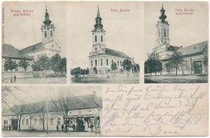 1909 Homokos, Mramorak; Evangélikus, római katolikus és szerb templom, Kosta Csolakovits üzlete és saját kiadása / Serbian church, shop (EK)