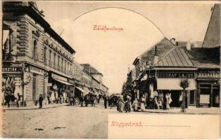 Nagyvárad, Oradea; Zöldfa utca, Beczkay Lajos, Schlosser Gusztáv és Nagy Imre fodrász üzlete / street, shops (fl)