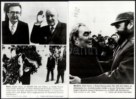 1977 MTI fotók, 7 db, 3 fotón Kádár Jánossal, 1 fotón Leonyid Brezsnyevvel, 1 fotón Brezsnyevvel és Fidel Castroval, és más ismert emberekkel, két fotó sarkain kis lyukakkal, eredeti MTI-s borítékban, 26x18 cm és 21x14 cm közötti méretben