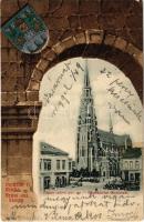 1901 Eszék, Osijek, Essegg; Zupna crkva gor. gr. Pfarrkirche Oberstadt. Victor Fritsche / church, market. Art Nouveau coat of arms litho (EK)