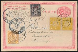 Kína 1901 Képeslap 2 db kínai bélyegkiadás bélyegeivel és francia posta Kínában 10c vegyes bérmentesítéssel Németországba küldve. KIUKIANG + SHANGHAI RR!