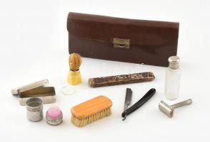 Régi borotválkozókészlet régi bőr táskában 29 cm