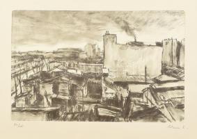 Vass Elemér (1887-1957): Tetők a Champs de Marson, Párizs. Litográfia, papír, jelzett, számozott (73/VIII.). Az 1927-ben megjelent Paris c. mappából. Paszpartuban. Paszpartu szélén apró szakadásokkal. 20×32 cm