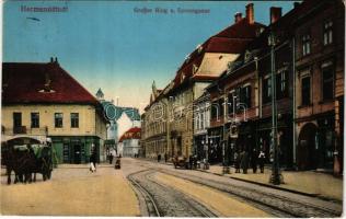 1915 Nagyszeben, Hermannstadt, Sibiu; Grosser Ring, Sporergasse / utca, Ludwig Fuchs üzlete / street, shops